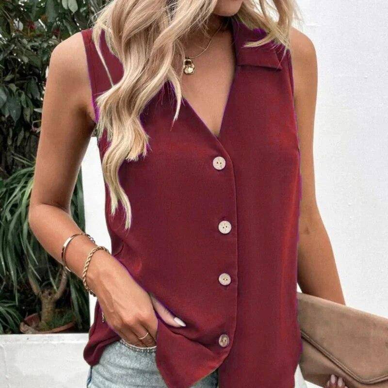Mode Einfarbig V-ausschnitt Chiffon Hemd Tank Top Shirt Frauen Sommer Neue Ärmellose Taste Bluse Lose Kleidung Blusas 27987 XL bordeaux von Joom DACH