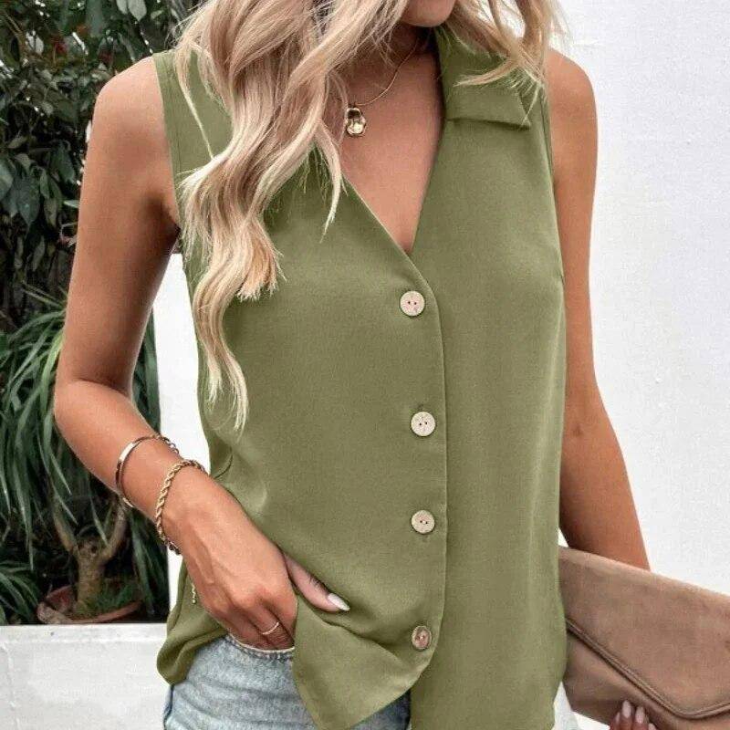 Mode Einfarbig V-ausschnitt Chiffon Hemd Tank Top Shirt Frauen Sommer Neue Ärmellose Taste Bluse Lose Kleidung Blusas 27987 XL armee grüne von Joom DACH