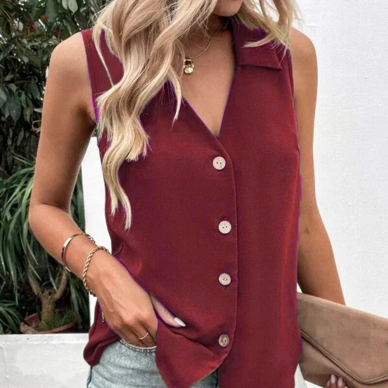 Mode Einfarbig V-ausschnitt Chiffon Hemd Tank Top Shirt Frauen Sommer Neue Ärmellose Taste Bluse Lose Kleidung Blusas 27987 XL von Joom DACH