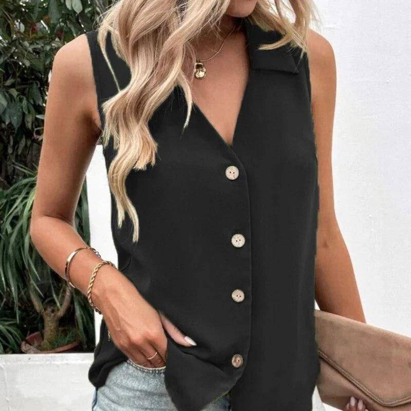 Mode Einfarbig V-ausschnitt Chiffon Hemd Tank Top Shirt Frauen Sommer Neue Ärmellose Taste Bluse Lose Kleidung Blusas 27987 XXXL schwarz von Joom DACH