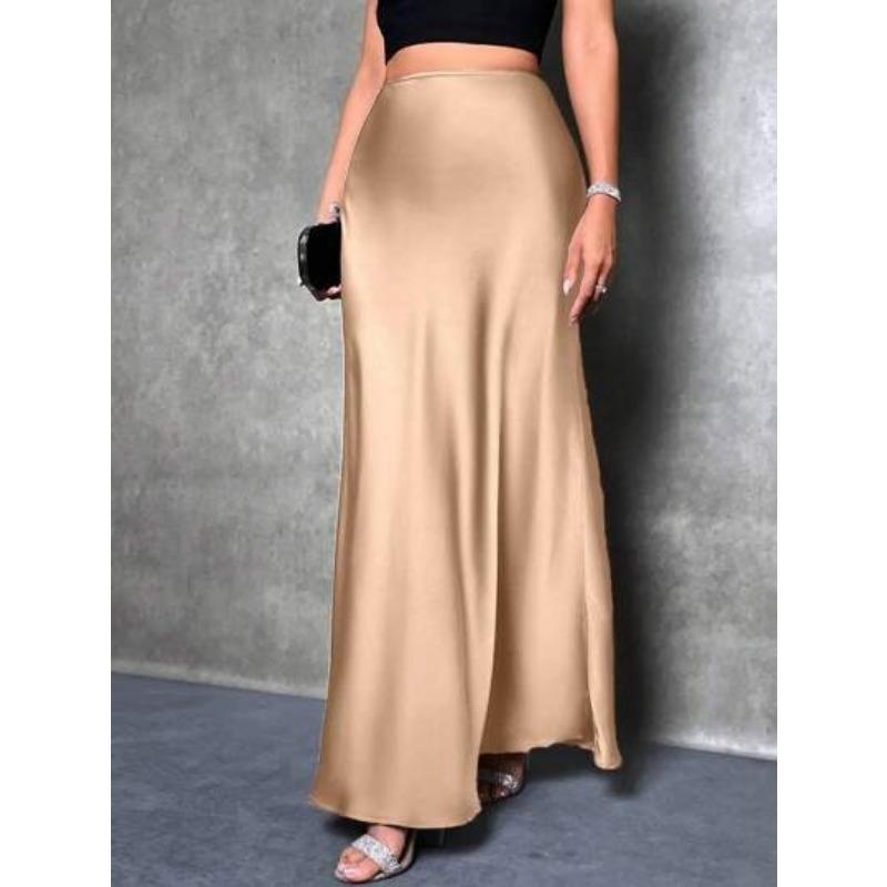 Mode Elegant Locker Damen Satinröcke Frühling und Sommer Neu Einfach Lässig Büro A-Linie Lange Röcke Büro Einfarbig Damenbekleidung S champagner von Joom DACH
