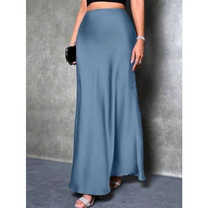 Mode Elegant Locker Damen Satinröcke Frühling und Sommer Neu Einfach Lässig Büro A-Linie Lange Röcke Büro Einfarbig Damenbekleidung XL grau-blau von Joom DACH