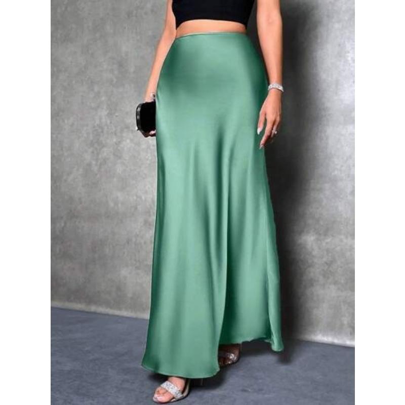 Mode Elegant Locker Damen Satinröcke Frühling und Sommer Neu Einfach Lässig Büro A-Linie Lange Röcke Büro Einfarbig Damenbekleidung XL minze, grüne von Joom DACH