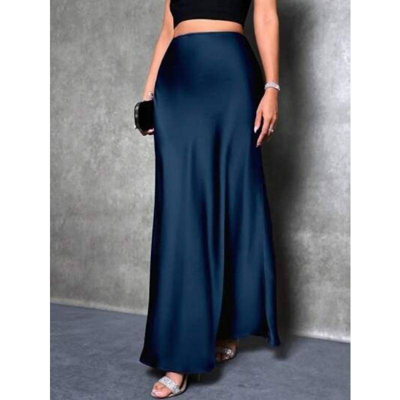 Mode Elegant Locker Damen Satinröcke Frühling und Sommer Neu Einfach Lässig Büro A-Linie Lange Röcke Büro Einfarbig Damenbekleidung XL navy blau von Joom DACH