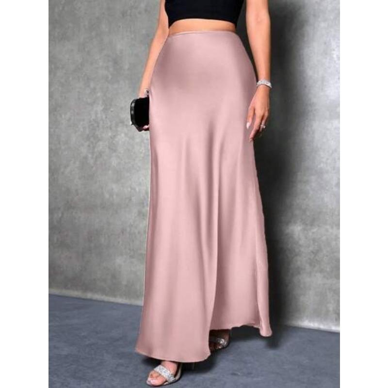Mode Elegant Locker Damen Satinröcke Frühling und Sommer Neu Einfach Lässig Büro A-Linie Lange Röcke Büro Einfarbig Damenbekleidung XL rosa von Joom DACH