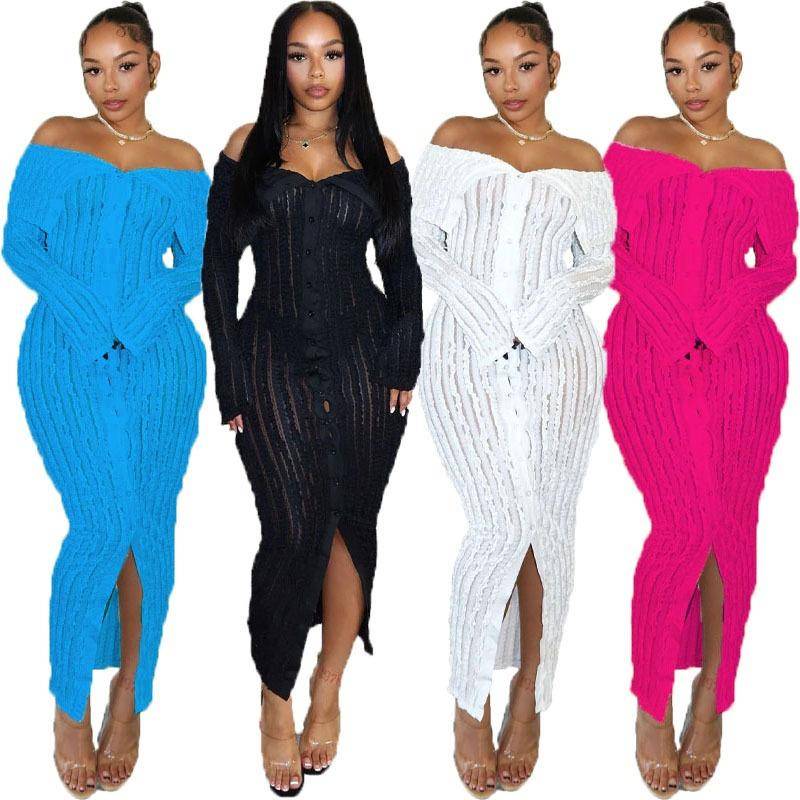 Mode Elegant Schulterfrei Einreihiges Kleid One Line Ausschnitt Damen Sexy Wickelrock Langes Partykleid Plissiert Durchsichtig Langarm Freizeitkleid XL grün von Joom DACH