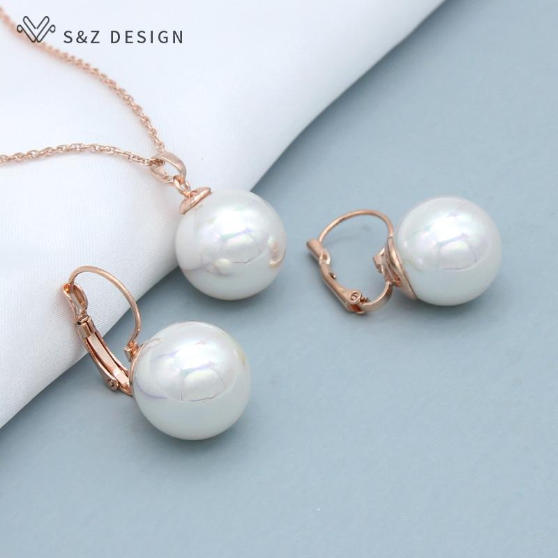 Mode Elegante Klassische Runde Simulierte Perle Baumeln Ohrringe Schmuck Sets Für Frauen Mädchen Hochzeit Trendy Rose Gold Anhänger Halskette von Joom DACH