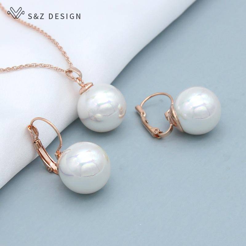 Mode Elegante Klassische Runde Simulierte Perle Baumeln Ohrringe Schmuck Sets Für Frauen Mädchen Hochzeit Trendy Rose Gold Anhänger Halskette von Joom DACH