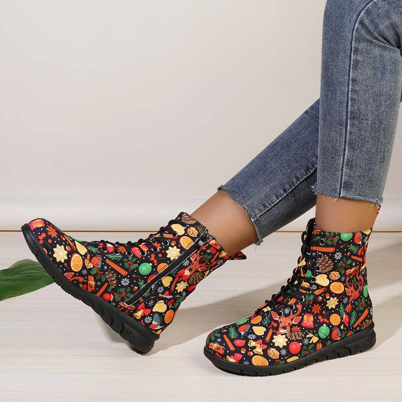 Mode Europäische Amerikanische Weihnachten Element Kurze Stiefel frauen 2024 Herbst Winter Neue Gedruckt Seite Zipper Kurze Barrel Leder Stiefel 40 orange von Joom DACH
