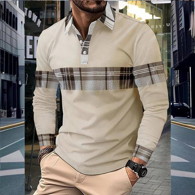 Mode Flip Kragen Büro Polo Shirt Herren Atmungsaktiv Freizeit Langarm Tops Neue Frühling Herbst Plaid Casual Herren Kleidung L khaki von Joom DACH