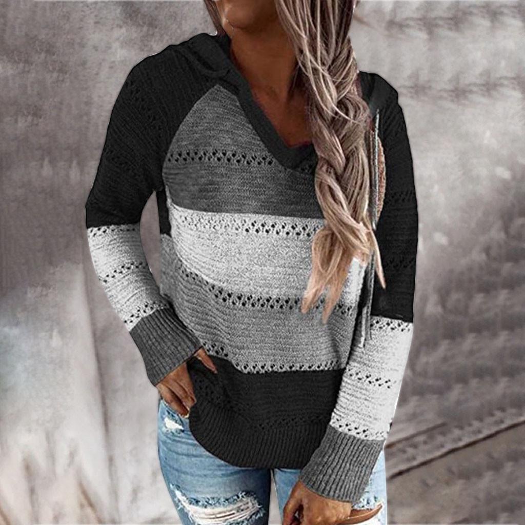 Mode Frauen Casual Patchwork V-ausschnitt Lange Ärmel Mit Kapuze Pullover Bluse Tops M schwarz von Joom DACH