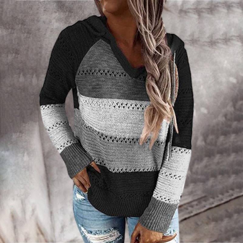 Mode Frauen Casual Patchwork V-ausschnitt Lange Ärmel Mit Kapuze Pullover Bluse Tops M schwarz von Joom DACH