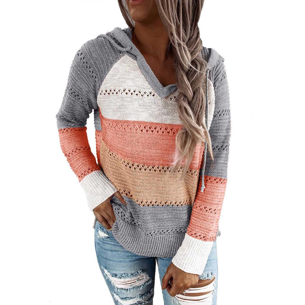 Mode Frauen Casual Patchwork V-ausschnitt Lange Ärmel Mit Kapuze Pullover Bluse Tops S orange von Joom DACH