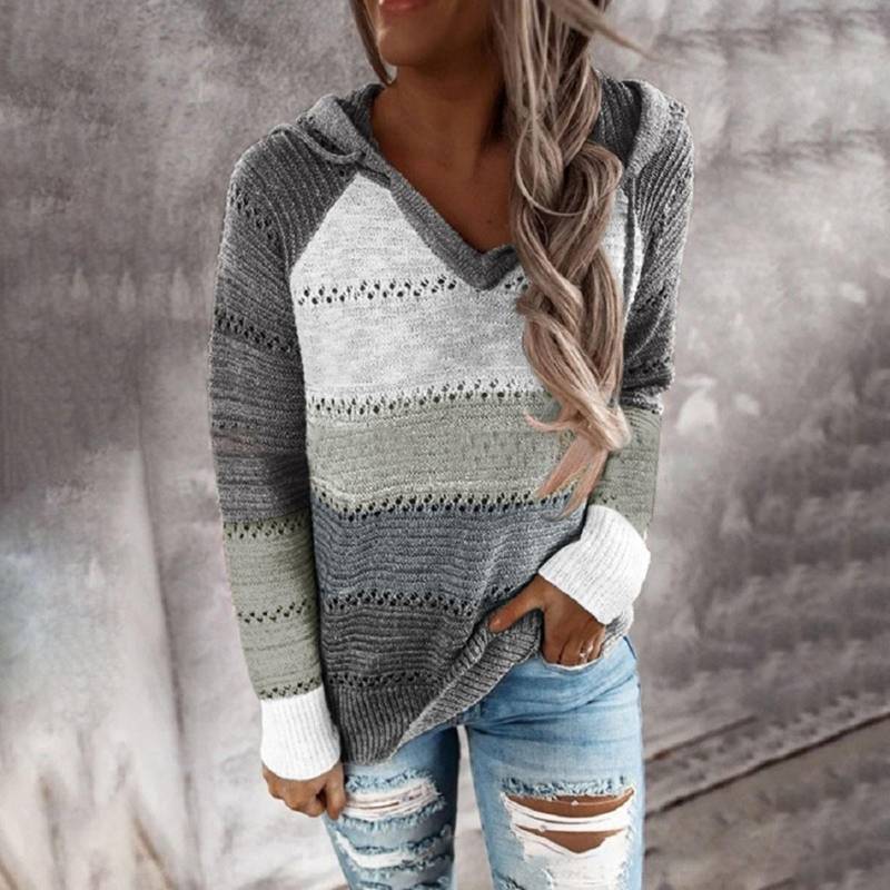 Mode Frauen Casual Patchwork V-ausschnitt Lange Ärmel Mit Kapuze Pullover Bluse Tops S graue von Joom DACH