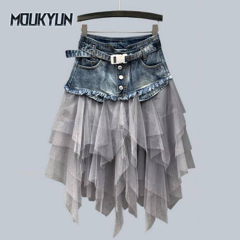 Mode Frauen Denim Mesh Patchwork Rock Hohe Taille A Linie Asymmetrische Rüschen Tüll Gothic Röcke XXL von Joom DACH