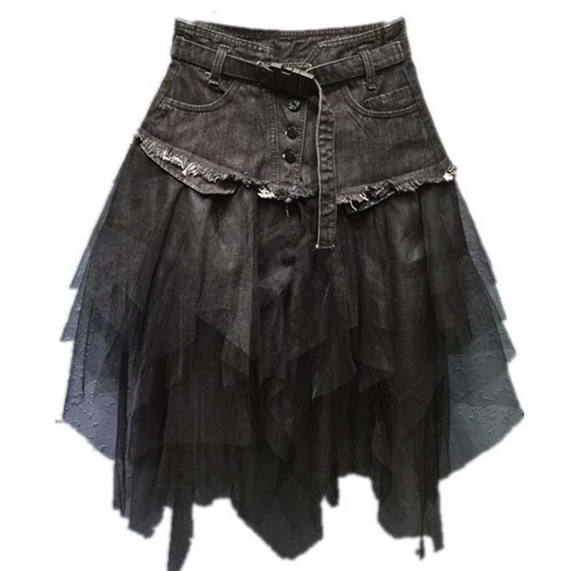 Mode Frauen Denim Mesh Patchwork Rock Hohe Taille A-linie Asymmetrische Rüschen Tüll Gothic Chic Röcke L schwarz von Joom DACH