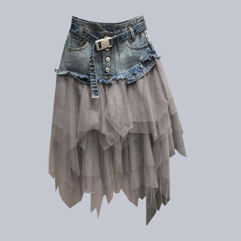 Mode Frauen Denim Mesh Patchwork Rock Hohe Taille A-linie Asymmetrische Rüschen Tüll Gothic Chic Röcke XXL blau von Joom DACH