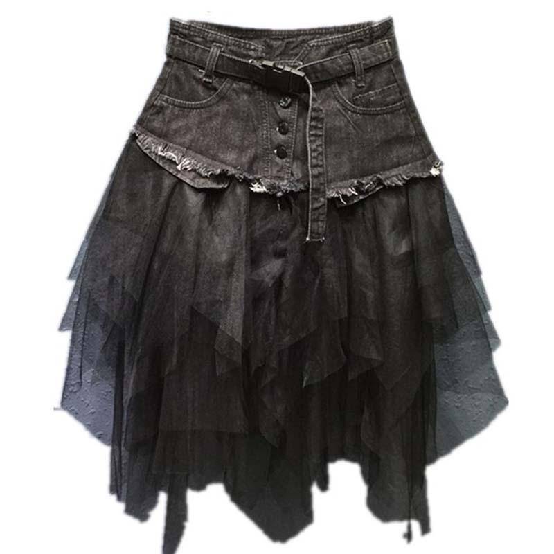 Mode Frauen Denim Mesh Patchwork Rock Hohe Taille A-linie Asymmetrische Rüschen Tüll Gothic Chic Röcke XXXL schwarz von Joom DACH
