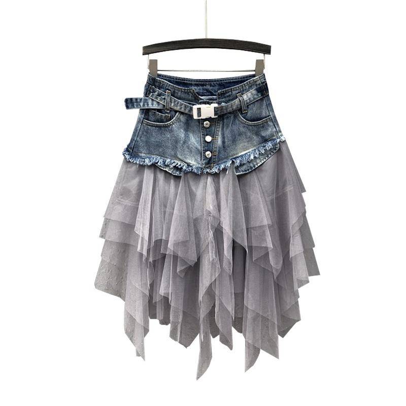Mode Frauen Denim Mesh Patchwork Rock Hohe Taille A-linie Asymmetrische Rüschen Tüll Gothic Chic Röcke XXXL blau von Joom DACH
