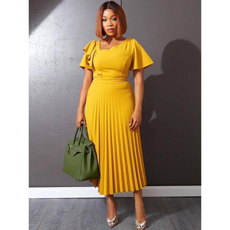 Mode Frauen Elegante Kurze Ärmel Falten Rüschen Braut Brautjungfern Hochzeit Midi Langes Kleid Party Kleider XL gelb von Joom DACH