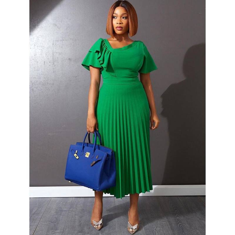 Mode Frauen Elegante Kurze Ärmel Falten Rüschen Braut Brautjungfern Hochzeit Midi Langes Kleid Party Kleider XXXXL grün von Joom DACH