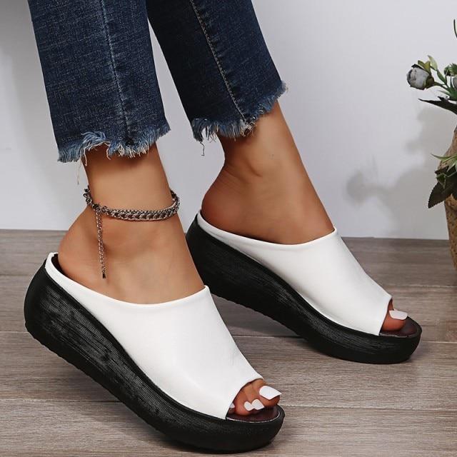 Mode Frauen Leder Hausschuhe Weiß Ladias Retro Peep Toe Plattform Schuhe Clogs Slip auf Sandalen Keile Sandles Zapatos Schuh 39 weiß von Joom DACH