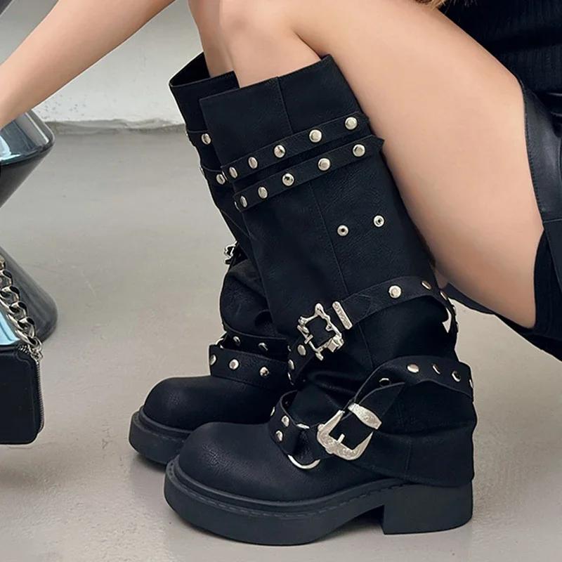 Mode Frauen Mid Heels Hohe Stiefel Leder Mode Neue Kniehohe Schuhe Frau Desigenr Chelsea Stiefel Walking Punk Mujer Motorrad Stiefel 37 schwarz von Joom DACH