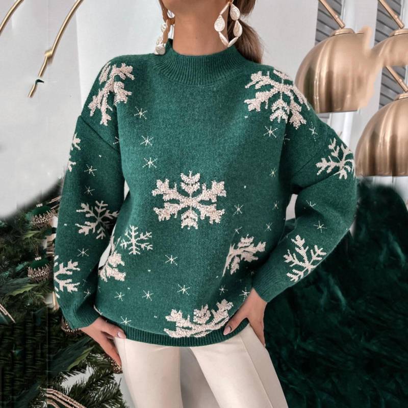 Mode Frauen Pullover Weihnachten Schneeflocke Muster Langarm Rundhals Strickpullover Frauen Herbst Pullover Strickwaren L grün von Joom DACH