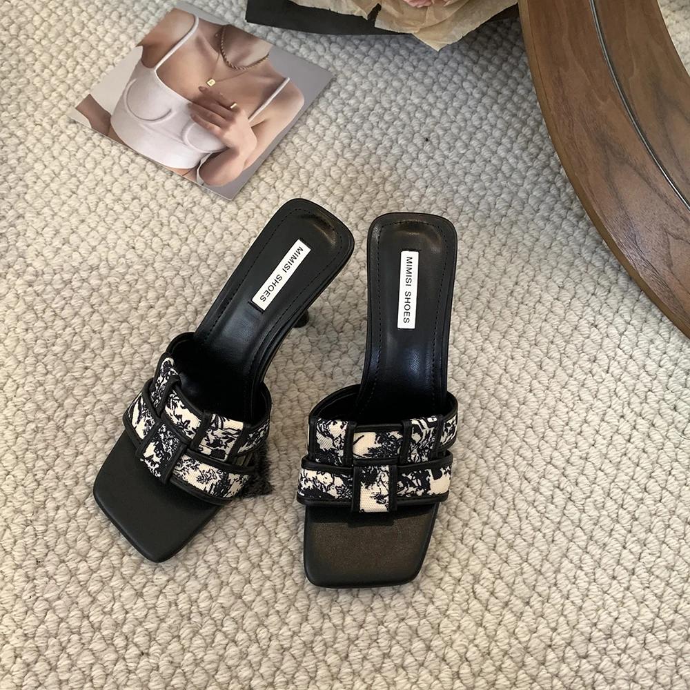 Mode Frauen Sandalen Hausschuhe Weben Design Schwarz Khaki Party Pumps Dünne High Heels Casual Pantoletten Schuhe 35 schwarz von Joom DACH