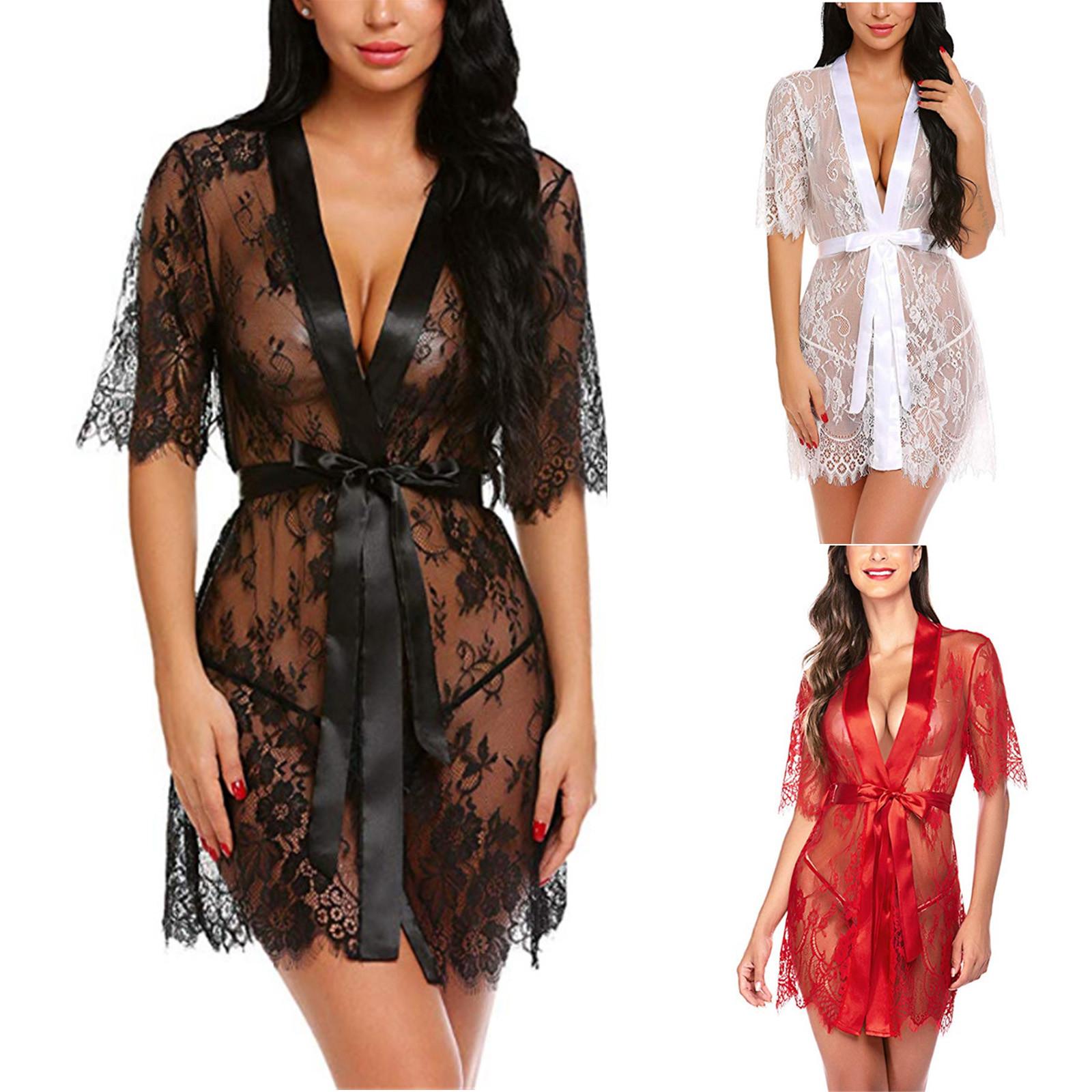 Mode Frauen Sexy Morgenmantel Babydoll Spitze Dessous Gürtel + G-string Bademantel One size schwarz von Joom DACH