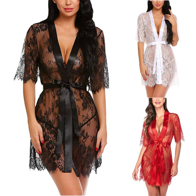Mode Frauen Sexy Morgenmantel Babydoll Spitze Dessous Gürtel + G-string Bademantel One size schwarz von Joom DACH