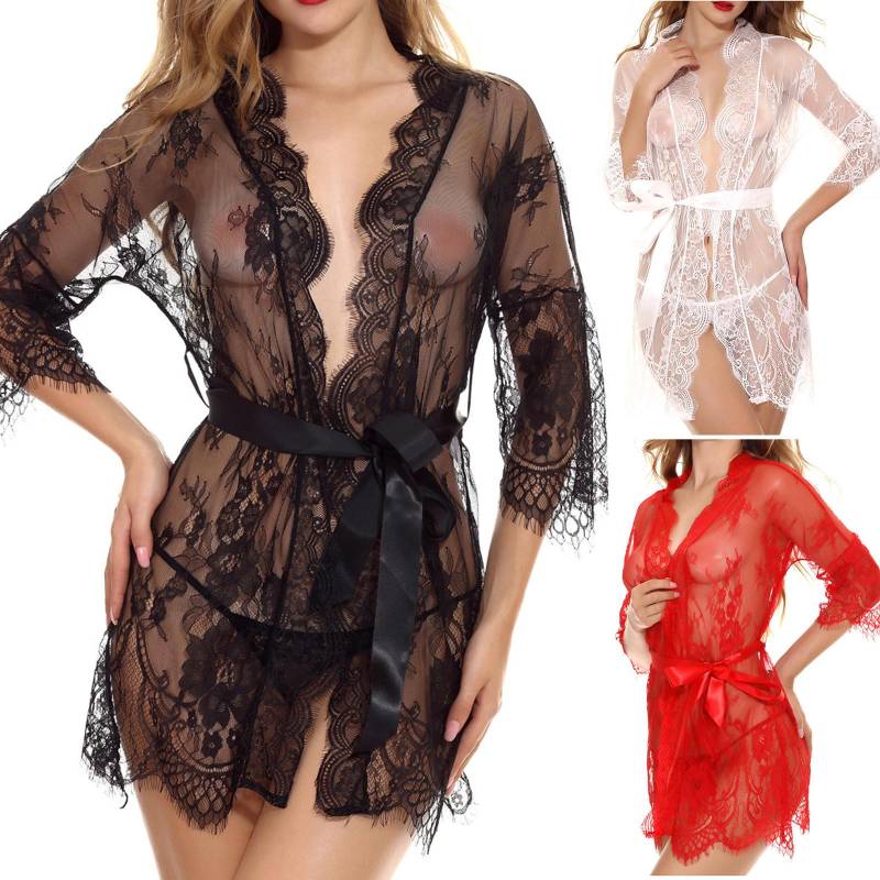 Mode Frauen Sexy Morgenmantel Babydoll Spitze Dessous Gürtel + G-string Bademantel XXL schwarz von Joom DACH