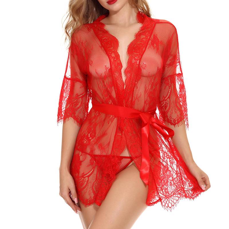 Mode Frauen Sexy Morgenmantel Babydoll Spitze Dessous Gürtel + G-string Bademantel XXXXXL rot von Joom DACH