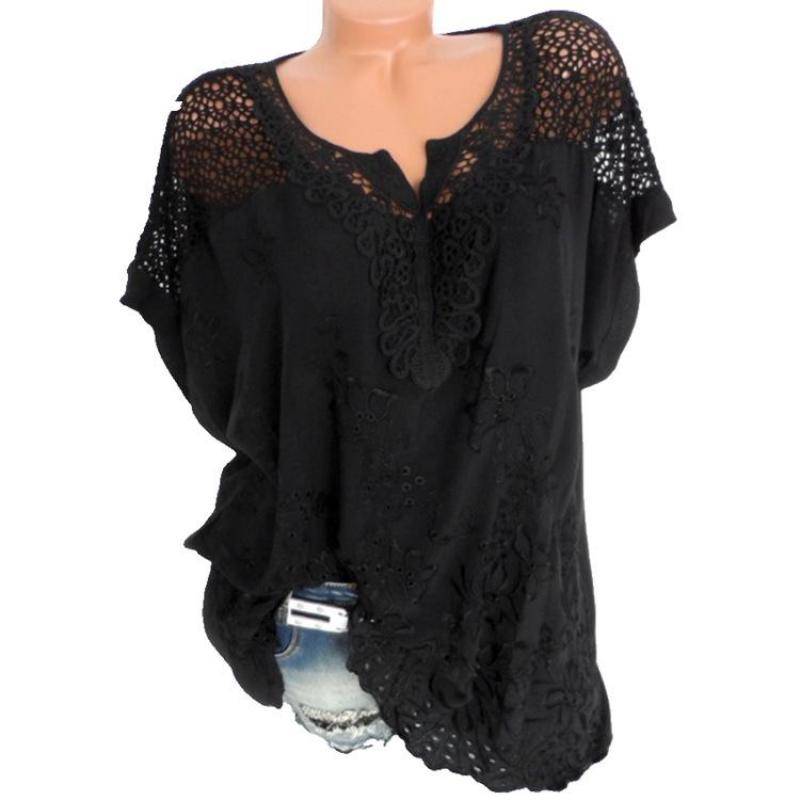 Mode Frauen Spitze V-ausschnitt Stickerei Kurzarm Fledermaus Shirt Shirt Frauen Lose Mode XXL schwarz von Joom DACH