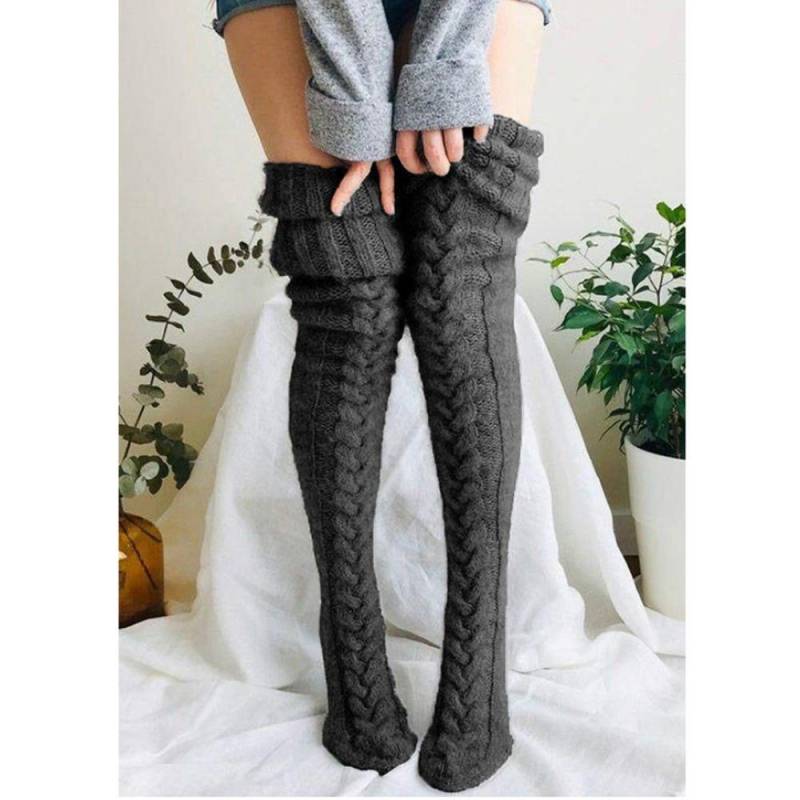 Mode Frauen Stricken Baumwolle Über Das Knie Lange Socken Winter Warme Gestreifte Kintted Hohe Strumpf Socken 105cm grau von Joom DACH