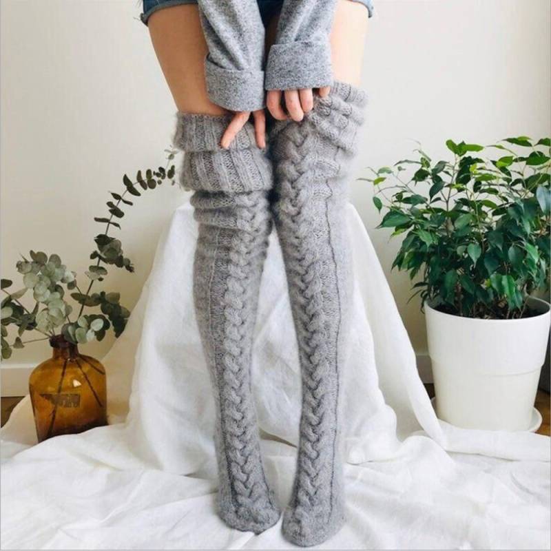 Mode Frauen Stricken Baumwolle Über Das Knie Lange Socken Winter Warme Gestreifte Kintted Hohe Strumpf Socken 105cm licht grau von Joom DACH