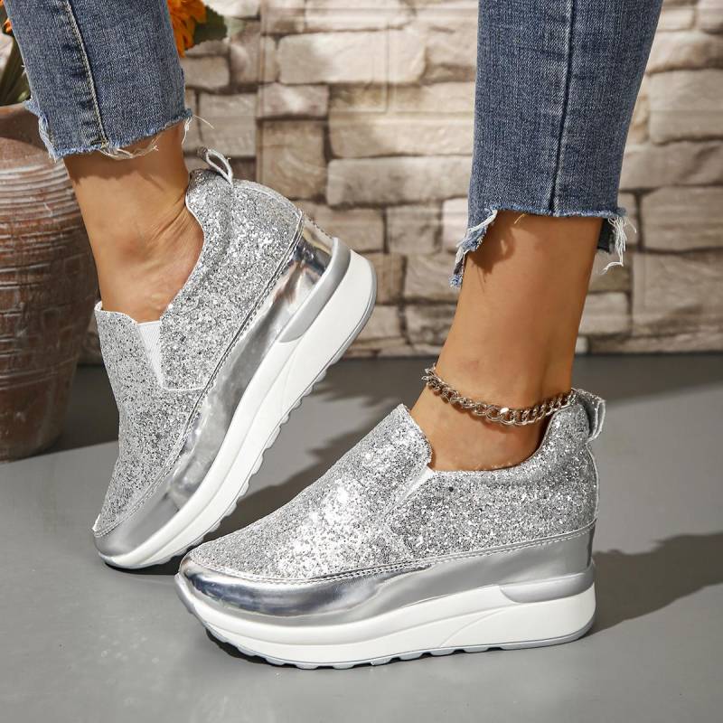 Mode Glitter Plattform Sneakers Frauen Casual Dicke Sohle Slip-On Wanderschuhe Frau Anti Slip Silber Sport Schuhe Plus Größe 37 silber von Joom DACH