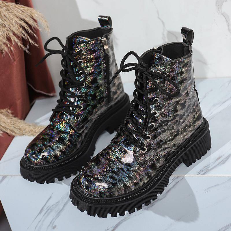 Mode Glitzernde Pailletten Plateau Stiefeletten Damen Herbst Winter Wasserdicht Kurze Stiefeletten Mujer Mode Schnürstiefel Dicke Sohle Übergröße 39 schwarz von Joom DACH