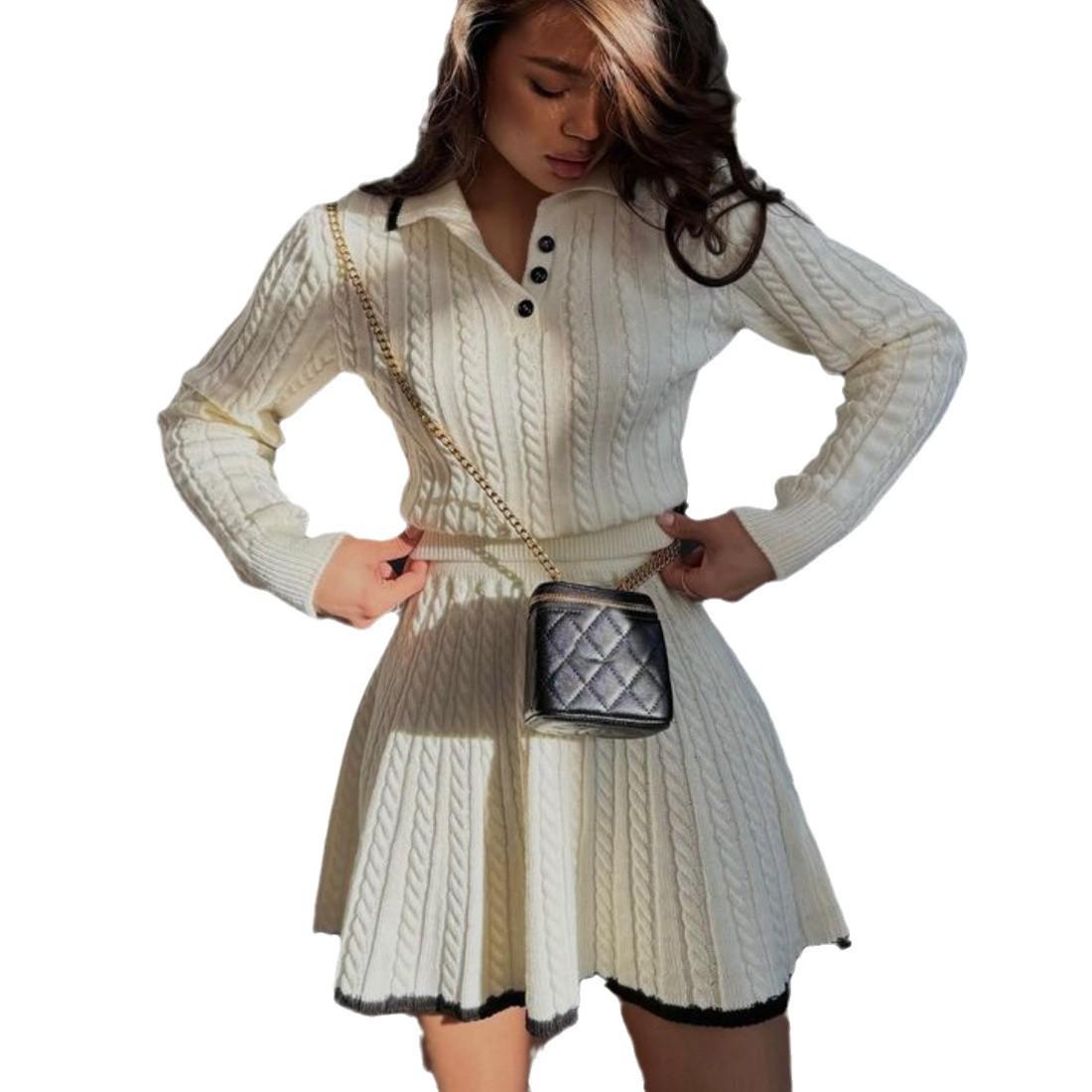 Mode Herbst Winter Damen Freizeit Strickpullover Kleid Warm Langarm Partykleider Hüftumspielender Rock Strickanzug One size beige von Joom DACH