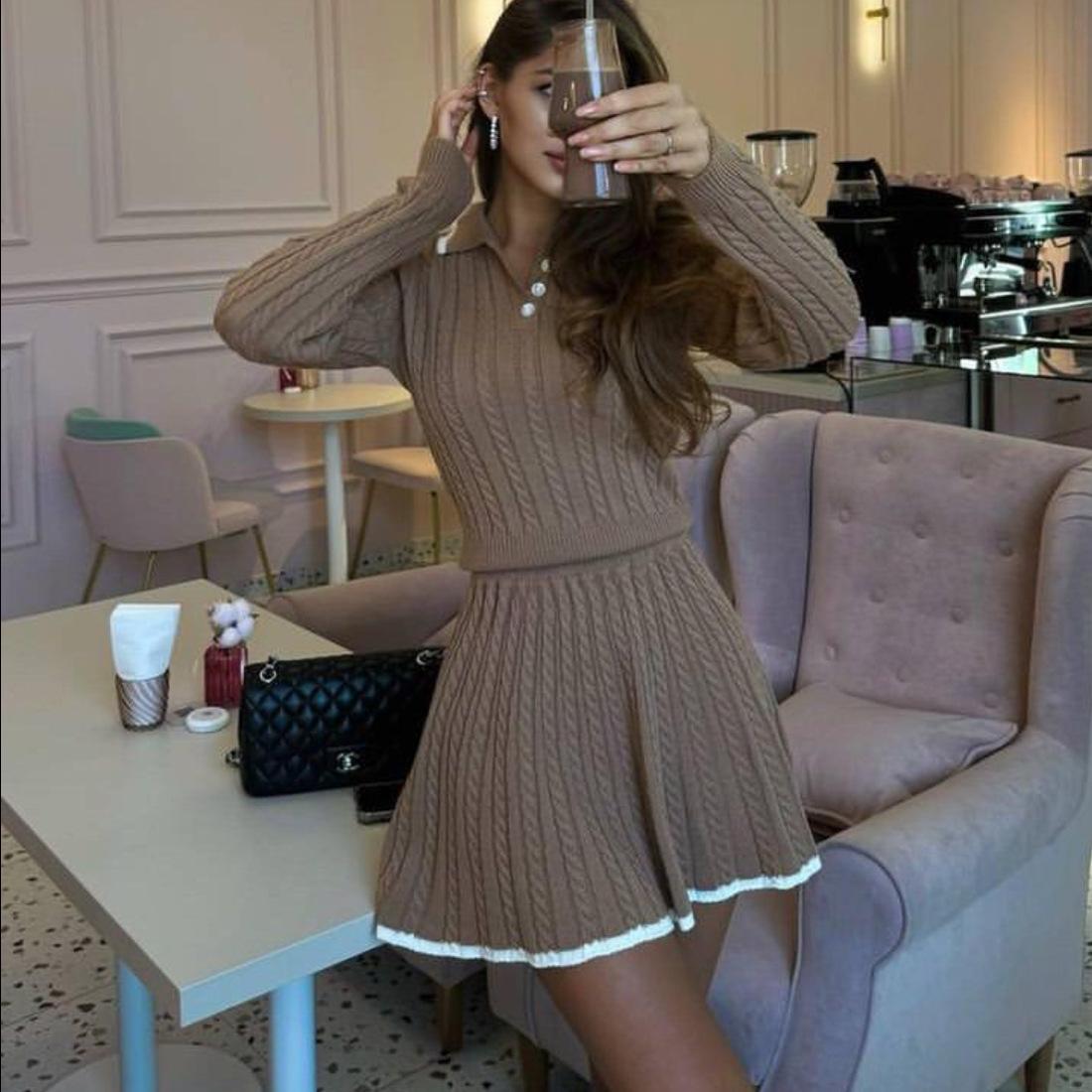 Mode Herbst Winter Damen Freizeit Strickpullover Kleid Warm Langarm Partykleider Hüftumspielender Rock Strickanzug One size khaki von Joom DACH