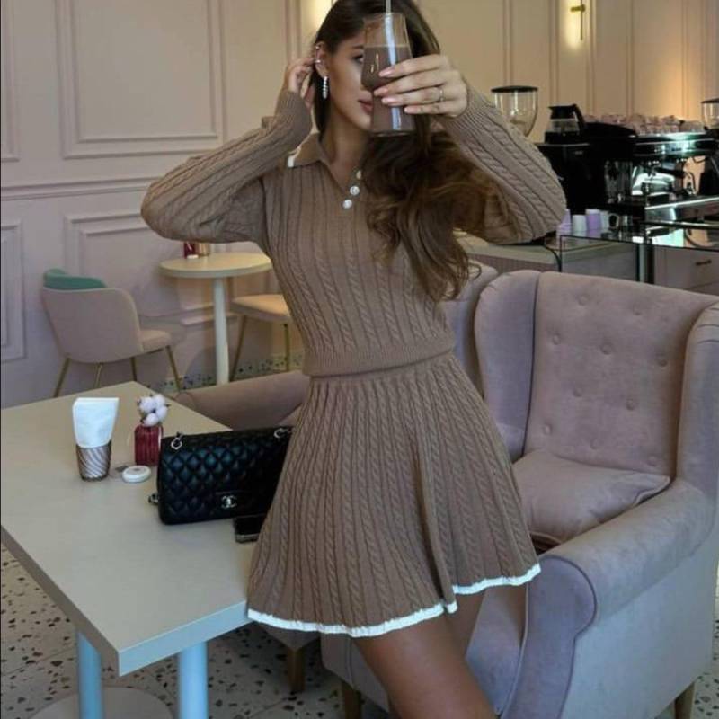 Mode Herbst Winter Damen Freizeit Strickpullover Kleid Warm Langarm Partykleider Hüftumspielender Rock Strickanzug One size khaki von Joom DACH