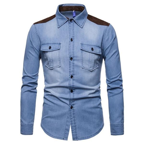 Mode Herren Denim Jean Hemden Cowboy-Stil Hemd Mann Kausal Langarm Baumwolle Slim Fit Solide Hemden M von Joom DACH