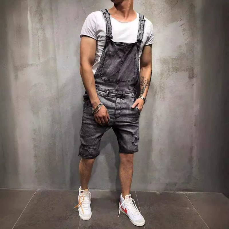 Mode Herren Hosenträger Denim Strampler Zerrissene Denim Shorts Beliebte Trendy Arbeitskleidung XXXL von Joom DACH