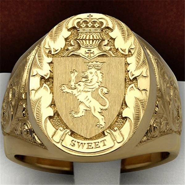 Mode Herren Krone Löwe Abzeichen Schild Ring Gentleman Print Schwanz Ring Bräutigam Verlobung Hochzeit Bankett Ring Geburtstagsgeschenk 13 gold von Joom DACH