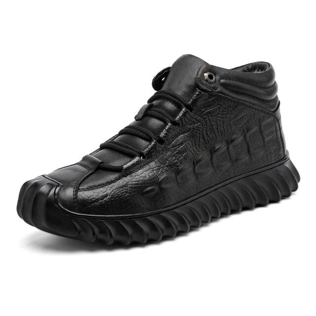 Mode Herren Leder Sneaker Winter Warm Plüsch High Top Freizeitschuhe Männlich Trendige Krokodilmuster Reisesneaker Herrenschuh 39 schwarz von Joom DACH