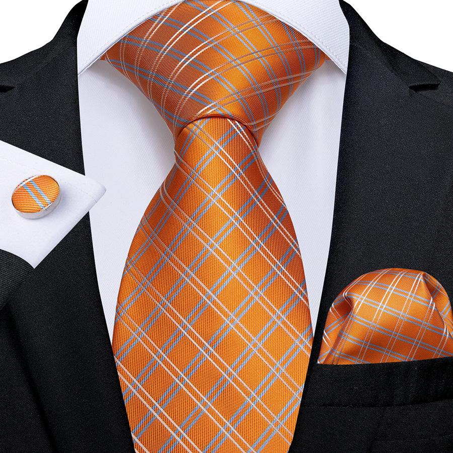 Mode Herren Orange Plaids Seide Krawatte Einstecktuch Manschettenknöpfe Set für Hochzeit Business Party N-7135 von Joom DACH