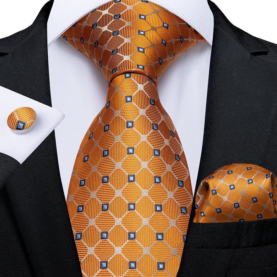 Mode Herren Orange Plaids Seide Krawatte Einstecktuch Manschettenknöpfe Set für Hochzeit Business Party N-7166 von Joom DACH
