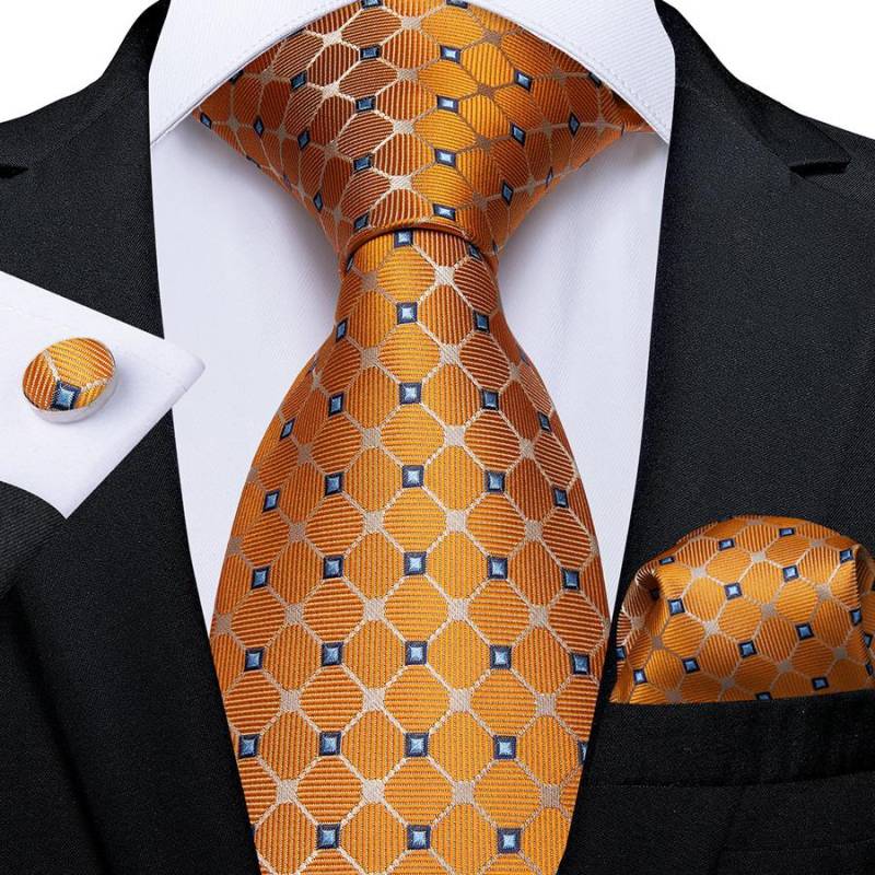 Mode Herren Orange Plaids Seide Krawatte Einstecktuch Manschettenknöpfe Set für Hochzeit Business Party N-7166 von Joom DACH