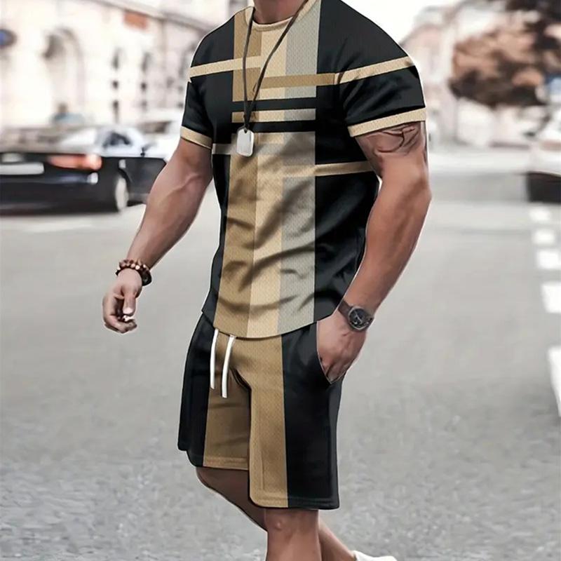 Mode Herren Sportswear Kurzarm T-Shirt und Sport Shorts Sommer Casual Vintage Patchwork Anzug Herren Zweiteiler Anzug 3XL von Joom DACH