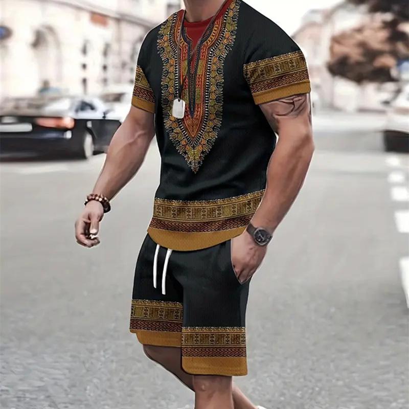 Mode Herren Sportswear Kurzarm T-Shirt und Sport Shorts Sommer Casual Vintage Patchwork Anzug Herren Zweiteiler Anzug L von Joom DACH